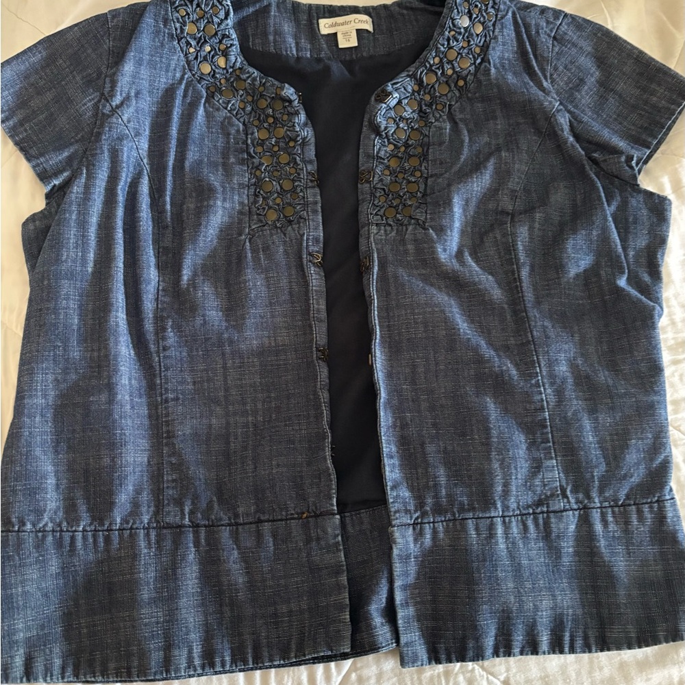 Coldwater Creek Blue Gold Embellished Short Sleeve Blouse